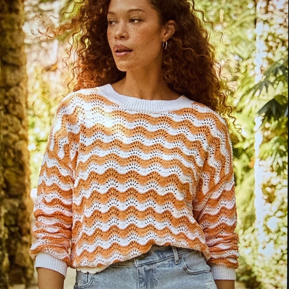 LOFT Like New Orange & White Crew Neck Chevron Pointelle Sweater Women Size XXL